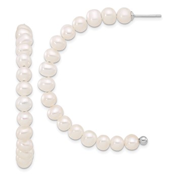 Sterling Silver Rhodium-plated 5-6mm White Semi-Round Freshwater Cultured Pearl Post J-Hoop Earrings