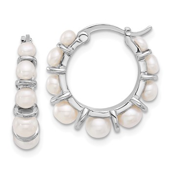 Sterling Silver Rhodium-plated 2-5mm White Button Freshwater Cultured Pearl Round Hoop Earrings