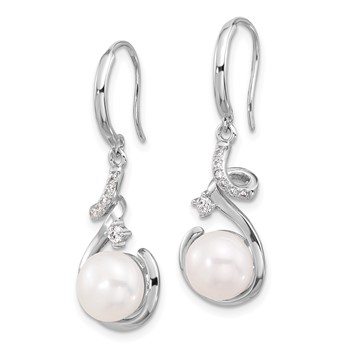 Sterling Silver RH-plat Polished 8-8.5mm FWC Pearl and CZ Dangle Earrings — alternate view