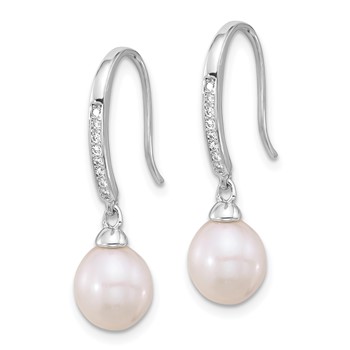 Sterling Silver Rhodium-plated 7-8mm White Teardrop Freshwater Cultured Pearl and CZ Dangle Earrings — alternate view
