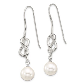Sterling Silver Polished Knot 10mm Glass Pearl Dangle Earrings — alternate view