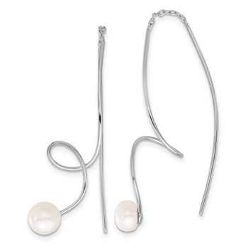 Sterling Silver Rhodium-plated 6-7mm White Button Freshwater Cultured Pearl Twisted Threader Earrings