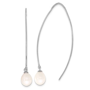 Sterling Silver Rhodium-plated 7-8mm White Teardrop Freshwater Cultured Pearl Threader Earrings