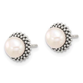 Sterling Silver Antiqued Beaded Synthetic Pearl Post Button Earrings — alternate view