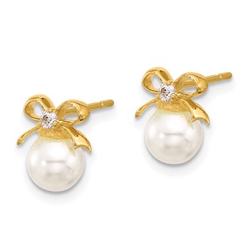 Sterling Silver Gold-tone Polished CZ and Synthetic Pearl Bow Post Earrings — alternate view