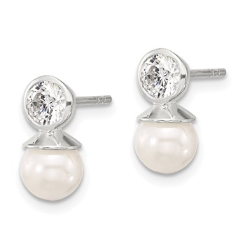 Sterling Silver Polished CZ and 6-6.5mm Glass Pearl Post Earrings — alternate view