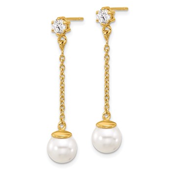 Sterling Silver Gold-tone Polished CZ and Imitation Pearl Dangle Earrings — alternate view