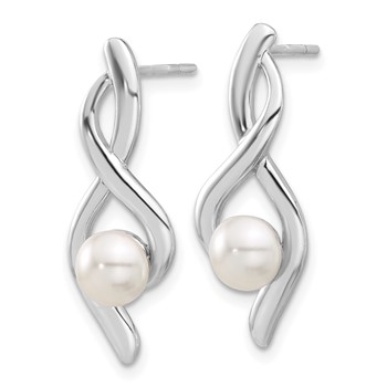 Sterling Silver Rhodium-plated Fancy Twist Glass Pearl Post Dangle Earrings — alternate view