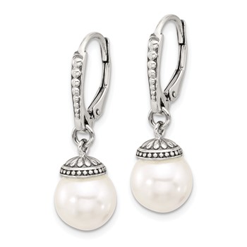 Sterling Silver Polished and Antiqued Syn. Pearl Leverback Dangle Earrings — alternate view
