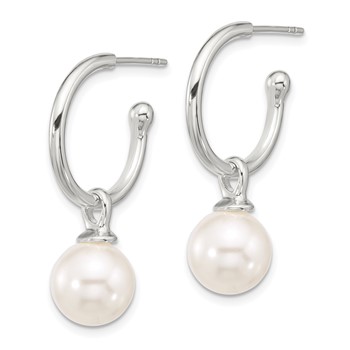 Sterling Silver Polished Dangling 10mm Glass Pearl Post C-Hoop Earrings — alternate view