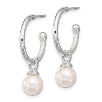 Sterling Silver Polished Dangling 8mm Glass Pearl Post C-Hoop Earrings — alternate view