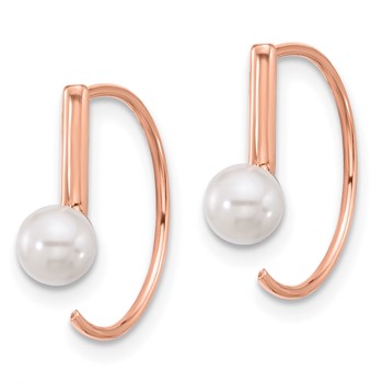 Sterling Silver Rose-tone Polished Synthetic Pearl Threader Hoop Earrings — alternate view