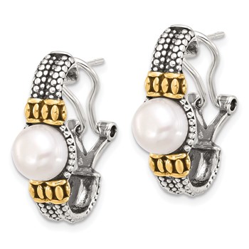 Sterling Silver Gold-tone Antiqued Synthetic Pearl Omega Back Earrings — alternate view