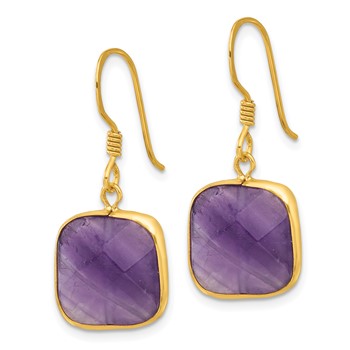 Sterling Silver Gold-plated Polished Cushion Amethyst Dangle Earrings — alternate view
