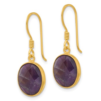 Sterling Silver Gold-plated Polished Oval Amethyst Dangle Earrings — alternate view