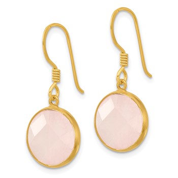 Sterling Silver Gold-plated Polished Round Rose Quartz Dangle Earrings — alternate view
