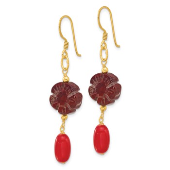 Sterling Silver Gold-plated Coral and Red Jasper Flower Dangle Earrings — alternate view
