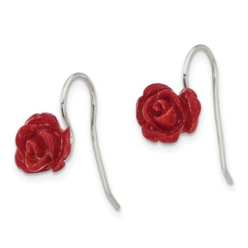 Sterling Silver Polished Red Coral Rose Dangle Earrings — alternate view