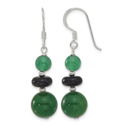 Sterling Silver Polished Black Agate & Green Quartz Beads Dangle Earrings