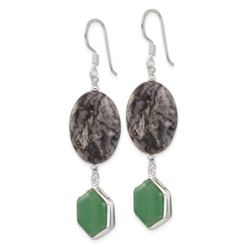 Sterling Silver Hexagon Aventurine & Oval Leopard Jasper Dangle Earrings — alternate view