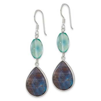 Sterling Silver Polished Fluorite & Labradorite Teardrop Dangle Earrings — alternate view