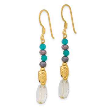 Sterling Silver Gold-plated Polished & Textured Black Freshwater Cultured Pearl & Blue Quartz Beaded Dangle Earrings — alternate view