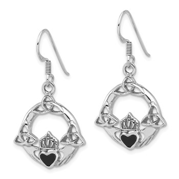 Sterling Silver Rhod-plated Polished Black Onyx Claddagh Dangle Earrings — alternate view