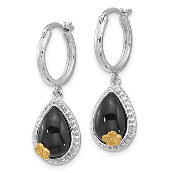Sterling Silver Rhodium-plated w/ 14k accent Flower & Black Onyx Beaded Teardrop Round Dangle Hoop Earrings — alternate view