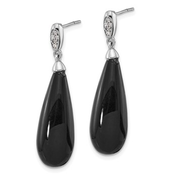 Sterling Silver RH-plated Polished CZ & Onyx Teardrop Post Dangle Earrings — alternate view