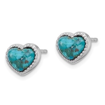 Sterling Silver RH-pltd Beaded Edge Recon. Turquoise Heart Post Earrings — alternate view