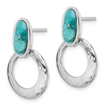 Sterling Silver Rhodium-plated Polished & Hammered Reconstituted Turquoise Post Dangle Earrings — alternate view