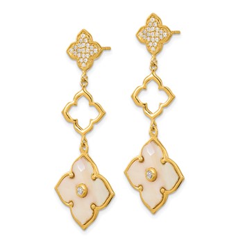 Sterling Silver Gold-tone Polished MOP & CZ Floral Post Dangle Earrings — alternate view