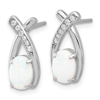 Sterling Silver Rhodium-plated Polished CZ & Created Opal 'X' Post Earrings — alternate view