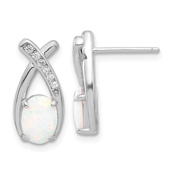 Sterling Silver Rhodium-plated Polished CZ & Created Opal 'X' Post Earrings