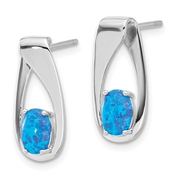 Sterling Silver Rhod-plated Polished Blue Created Opal Oval Post Earrings — alternate view