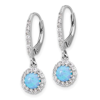 Sterling Silver RH-plated CZ & Blue Cr. Opal Halo Dangle Leverback Earrings — alternate view