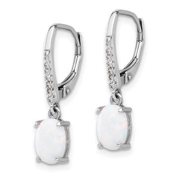 Sterling Silver RH-plated CZ & Oval Cr. Opal Leverback Dangle Earrings — alternate view
