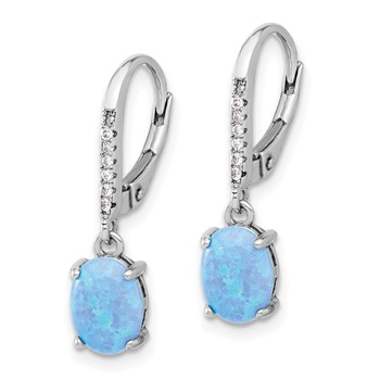 Sterling Silver RH-plated CZ & Oval Blue Cr. Opal Leverback Dangle Earrings — alternate view