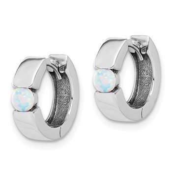 Sterling Silver RH-plated Polished Cr. Opal Hinged Round Hoop Earrings — alternate view