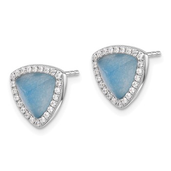 Sterling Silver Rhodium-plated CZ & Blue Chalcedony Triangle Post Earrings — alternate view