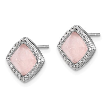 Sterling Silver Rhod-plated Polished CZ & Rose Quartz Square Post Earrings — alternate view