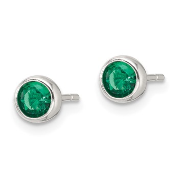 Sterling Silver Polished Green Glass Round Bezel Stud Earrings — alternate view
