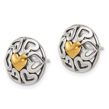 Sterling Silver Gold-tone Polished & Antiqued Heart Circle Post Earrings — alternate view