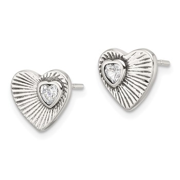 Sterling Silver Polished and Antiqued Textured CZ Heart Earrings — alternate view