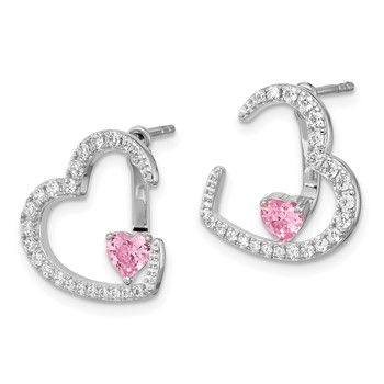 Sterling Silver Rh-plated White and Pink CZ Heart w/ Jacket Post Earrings — alternate view