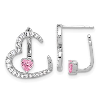 Sterling Silver Rh-plated White and Pink CZ Heart w/ Jacket Post Earrings
