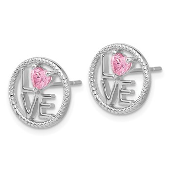 Sterling Silver Rhodium-plated LOVE Pink CZ Post Earrings — alternate view