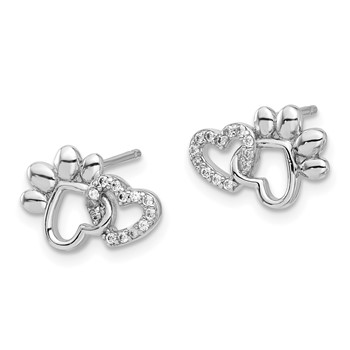 Sterling Silver Rhodium-plated with CZ Hearts and Paw Print Post Earrings — alternate view