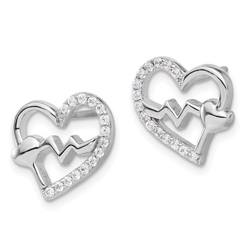 Sterling Silver Rhodium-plated Polished CZ Heartbeat Heart Post Earrings — alternate view