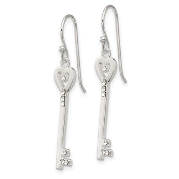 Sterling Silver Polished CZ Key Dangle Earrings — alternate view
